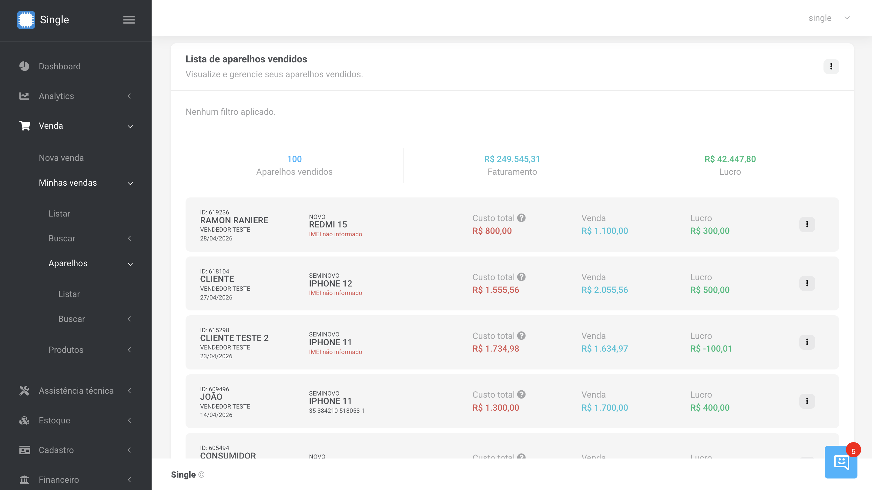 Tela Aparelhos Vendidos do Single com totalizadores e IMEI