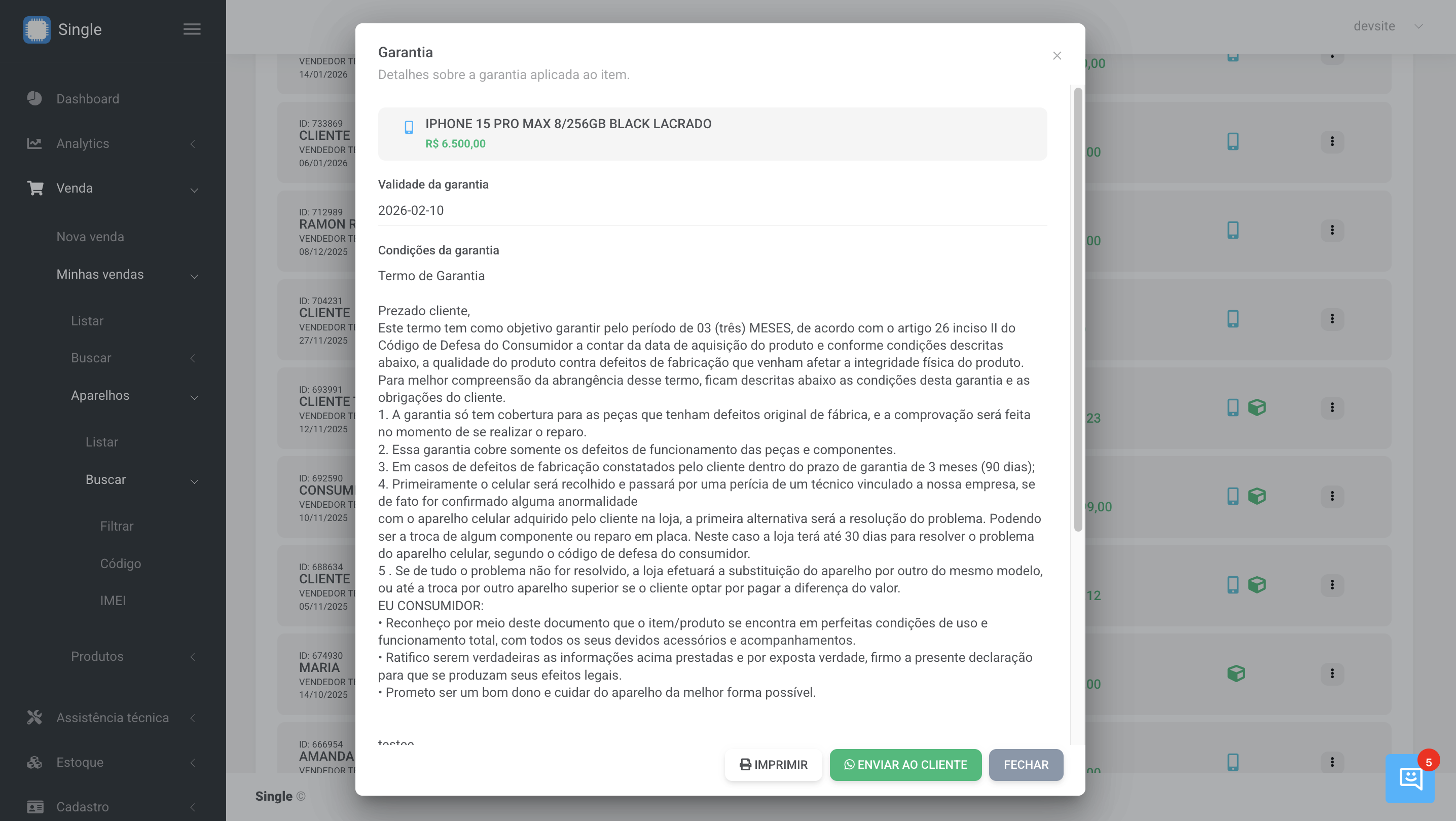 Tela de garantia do Single com validade, termo e condições do item vendido