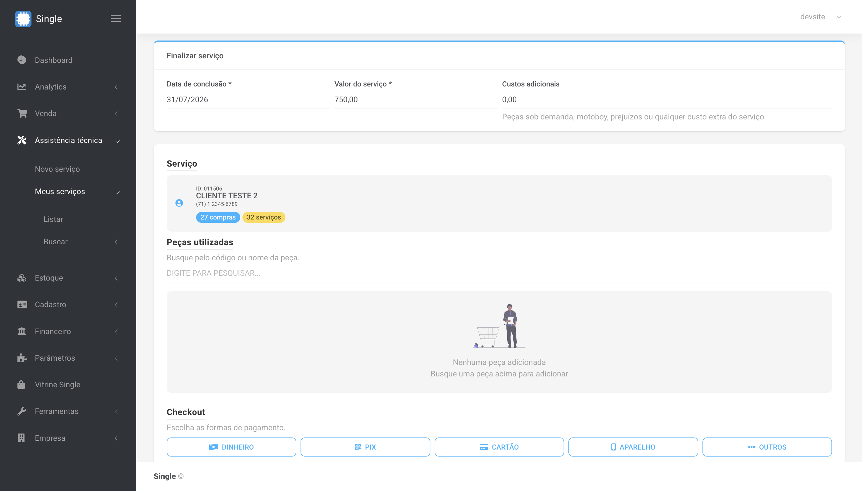 Tela de finalização de serviço do Single com data de conclusão, valor, custos adicionais, peças utilizadas, checkout de pagamento e emissão de garantia