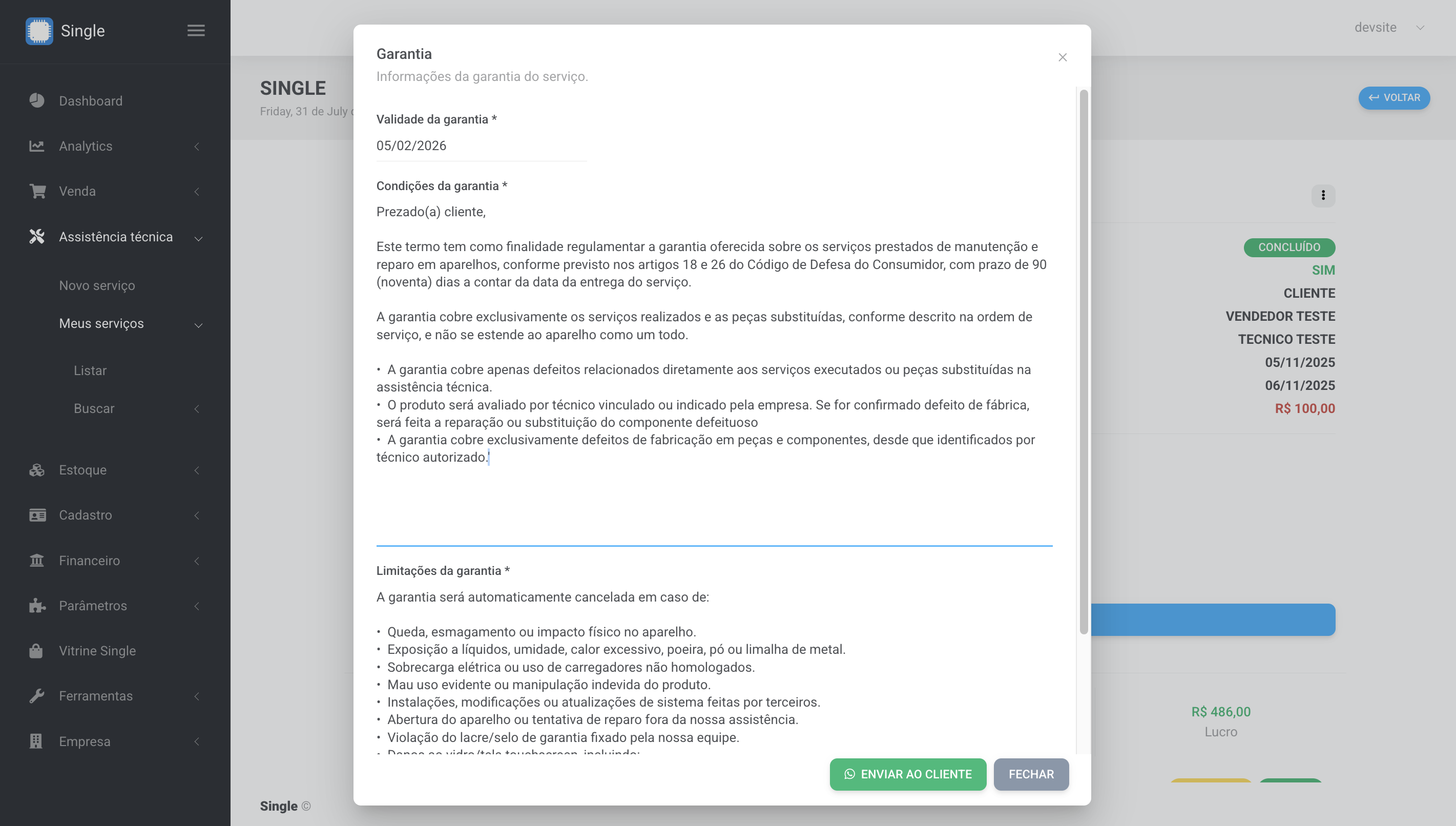 Termo de garantia de conserto do Single com validade, condições e limitações do serviço